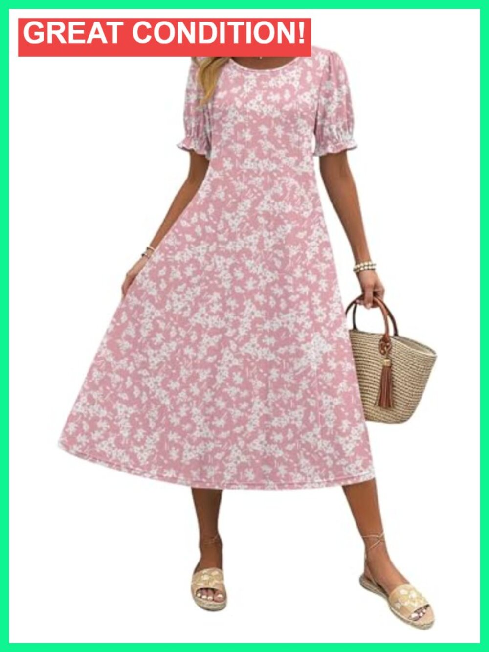 Casual Midi Dress with Puff Sleeves and Pockets